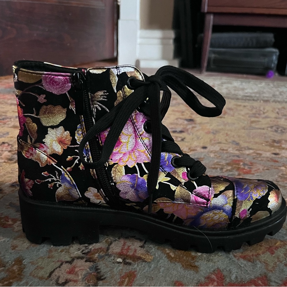 Rouge metallic black and pink floral lace-up booties with side zip, never worn.